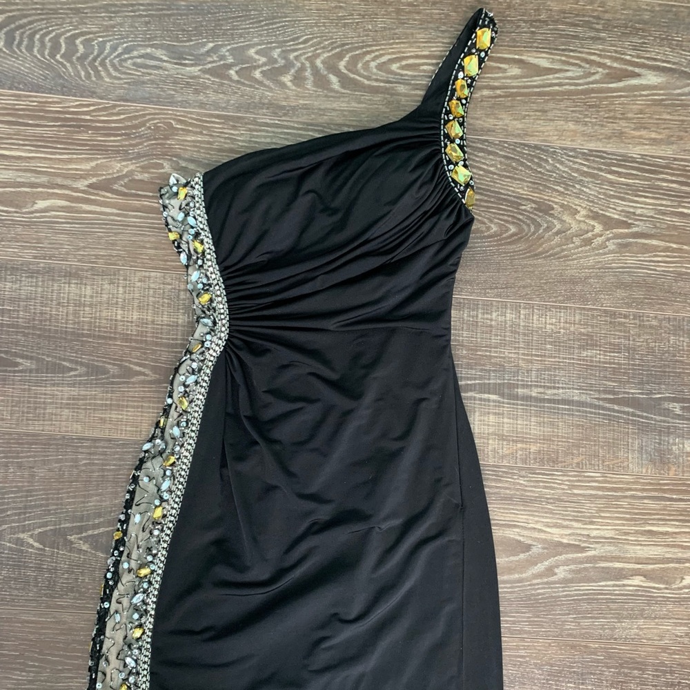 Clarisse Black embellished one shoulder cocktail dress